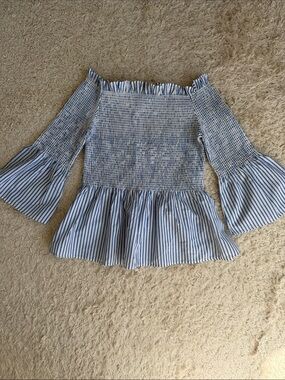hippie laundry Blue and White Striped Off-Shoulder Smocked Top